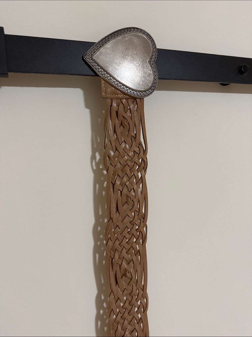 Braided Tan Leather Belt with Heart-Shaped Silver Buckle